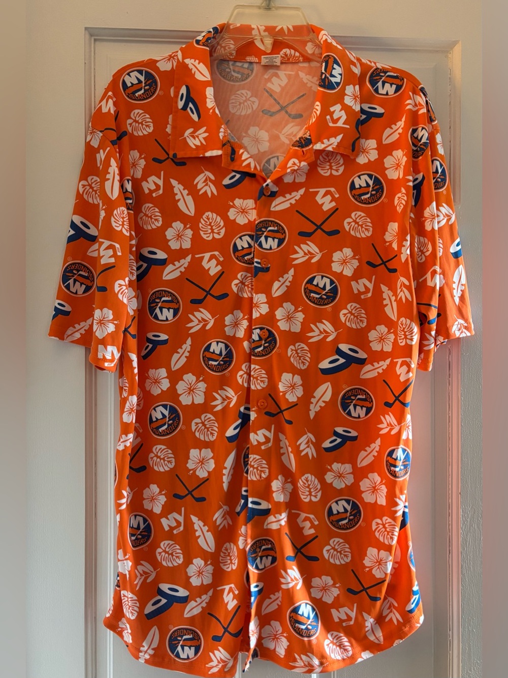NY Islanders Men’s Orange Hawaiian-Style Button-Down Shirt Blue White XL
